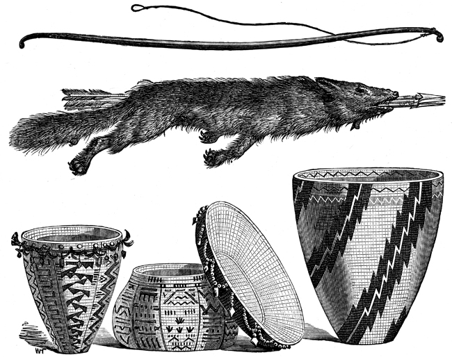 Indian Artifacts - Bow, Quiver, and Baskets